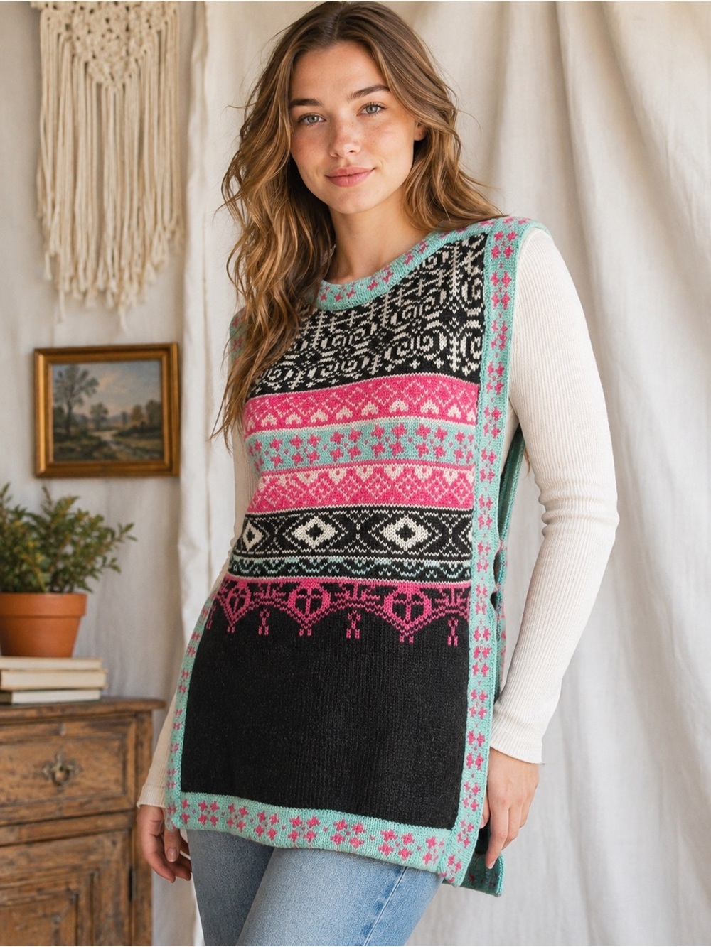 Vintage Golden Pear Fair Isle Knit Sweater Vest Small Nordic Cottagecore Boho